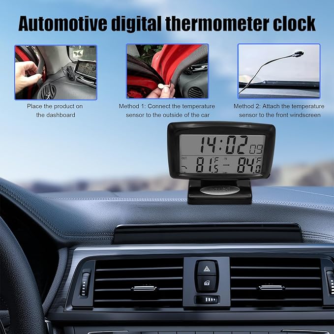 KVAEY Car Digital Thermometer Clock, Dashboard Luminous Thermometer Date Clock with LCD Backlight Display, Vehicle Indoor Outdoor Multifunctional 2 in 1 Dual Fahrenheit Date Clock