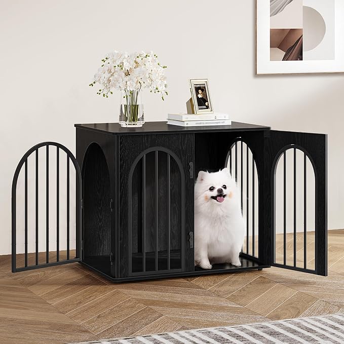 Hzuaneri 26.8'' Wooden Dog Crate Furniture, Indoor Dog Kennel Dogs Cage for Small Dogs, Heavy Duty Dog Crates Decorative Pet House End Side Table TV Stand, Black DFC85504B