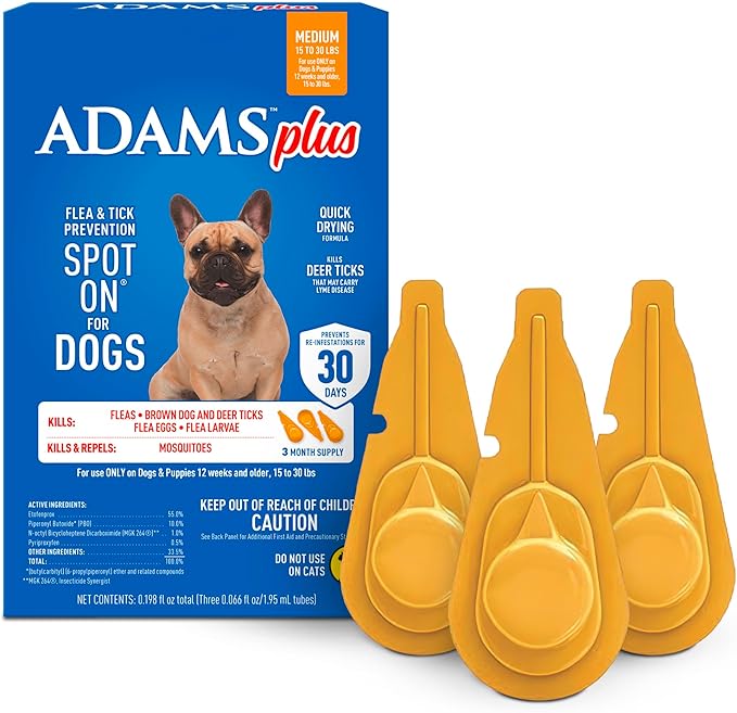 Adams Plus Flea & Tick Prevention Spot On for Dogs 15-30 Pounds, 12 Weeks & Older, 3-Month Supply, Kills Fleas, Flea Eggs, Flea Larvae & Brown Dog & Deer Ticks, Kills & Repels Mosquitoes For 30 Days