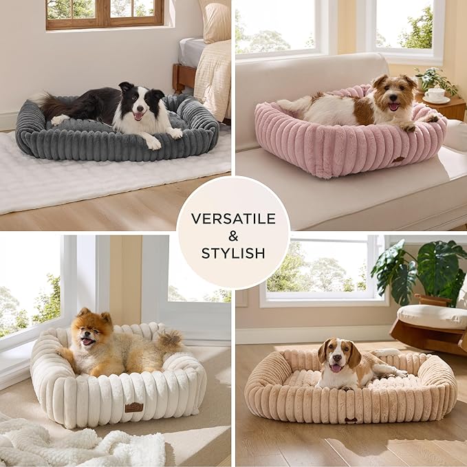 Bedsure ComfyFleece™ Cute Dog Bed for Small Dogs & Cats - Washable Furry Cat Beds, Rectangle Orthopedic Corduroy Fleece Puppy Beds with Removable Zipper Cover, 20x19x6inches, Amphora