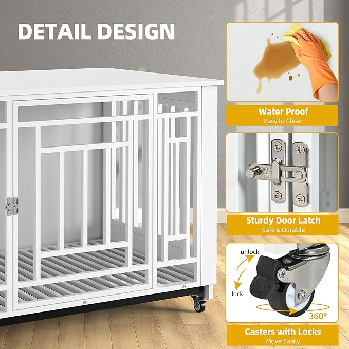 DWVO Dog Crate Furniture with Wheels, 38 Inch Dog Kennel Indoor Heavy Duty End Table Dog Crate for Large Medium Dogs, Decorative Wooden Dog Cage Table with Removable Tray, Chew-Resistant, White