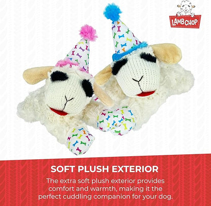 Multipet Lamb Chop Dog Plush Toy w/Birthday Hat - Squeaky Toy for All Dogs - Soft Plush - Stuffed Animal Dog Toys for Playing - Cute Birthday Toy (10.5”, Pink Hat, 5 Squeakers)