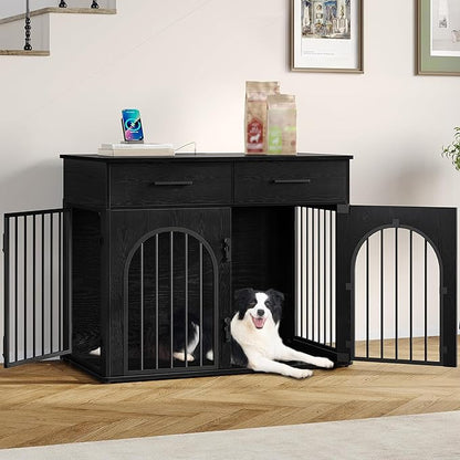 Hzuaneri 39.4'' Large Dog Crate Furniture with 2 Storage Drawers, Heavy Duty Dog Kennel Indoor with Charging Station, Wooden Dog Cage End Table Kennel for Medium/Large Dogs, Black DFC84204B