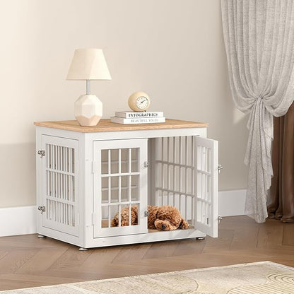 rehomerance 26 Inch Heavy Duty Dog Crate Furniture for Small Dogs, Decorative Pet House End Table, Wooden Cage Kennel Furniture Indoor, White and Natural