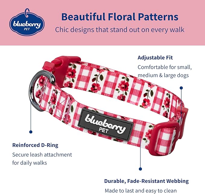 Blueberry Pet Spring Scent Inspired Dainty Flower Dog Collar, Pink Check, Adjustable Dog Collar for Medium Dogs, Size Medium, Neck 14.5-20"
