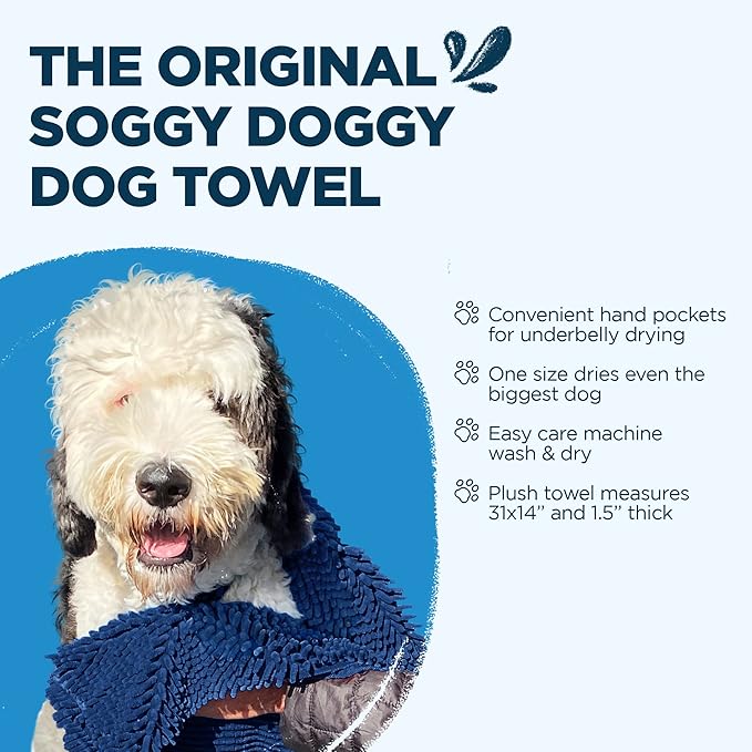 Soggy Doggy Super Shammy Dog Towel – Absorbent Microfiber Chenille Pet Towel for Drying Wet Dogs, Muddy Paws, Quick Dry Dog Shammy with Hand Pockets, Machine Washable – Navy Blue, 31” x 14”