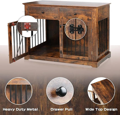 LEMBERI 44 Inch Large Dog Crate Furniture, Wooden Dog Kennel End Table with Storage Drawers, Decorative Pet Cage Dog House Indoor for Dogs, Brown