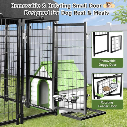 Dog Kennel Outdoor, Large Outside Dog Kennel with Roof & Swivel Feeders/Removable Doggy Door Allow Connecting Your Dog House, Heavy Duty Dog Run Pen for Medium/Large Dogs (8'L x 4'W x 6'H)