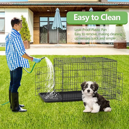 Dog Crate, 24/30/36/42/48 Inch Dog Crates for Small Medium Large Dogs Indoor, Folding Metal Dog Kennel Dog Cage with Double-Door, Divider Panel, Removable Tray, Locks and Handle, (24 Inch, Black)
