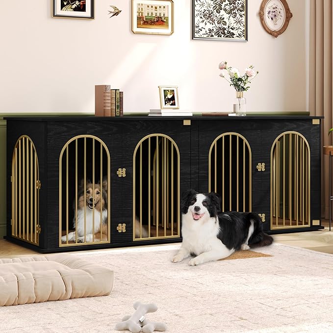 Hzuaneri 88.4" Dog Crate Furniture for 2 Dogs, Heavy Duty Indoor Dog Kennel TV Stand, XXL Wooden Dog Cage with Divider for Medium Large Dogs, End Table Dog Crate with Cushion, Black Gold DFC84004AV1