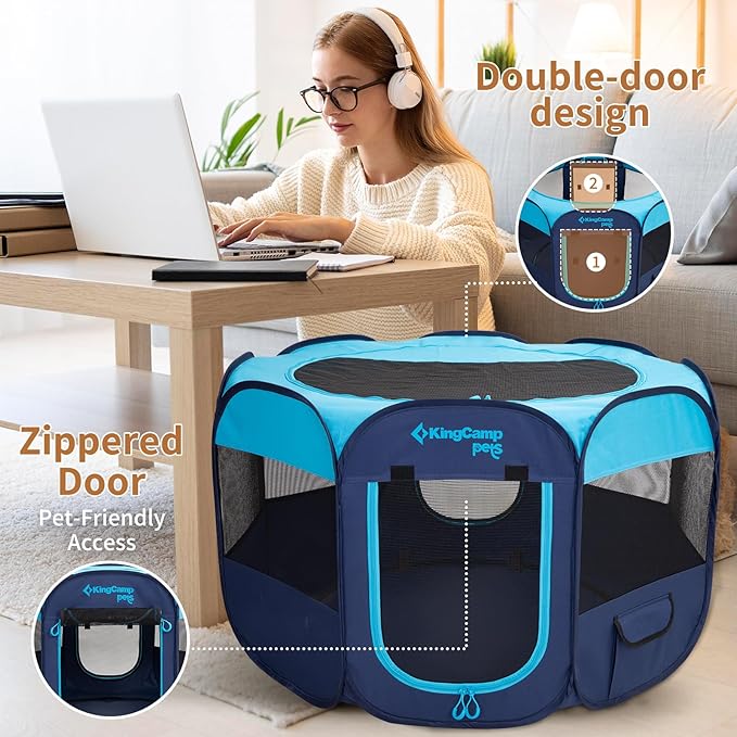 KingCamp Dog Playpen, Portable Foldable Cat Kitten Puppy Tent Crates 29"/36"/50" Pop Up Pet Playpen with Zippered Bottom & Cover for Indoor Outdoor Use (X-Large, Blue)