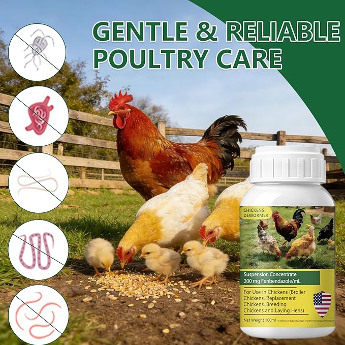 Dewormer for Chickens, Laying Hens, Poultry & More, Fenbendazole for Chickens Dewormer All Wormers,Tapeworms, Roundworms & Hookworms, 100ml（3.4 fl oz）