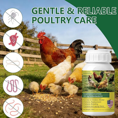 Dewormer for Chickens, Laying Hens, Poultry & More, Fenbendazole for Chickens Dewormer All Wormers,Tapeworms, Roundworms & Hookworms, 100ml（3.4 fl oz）