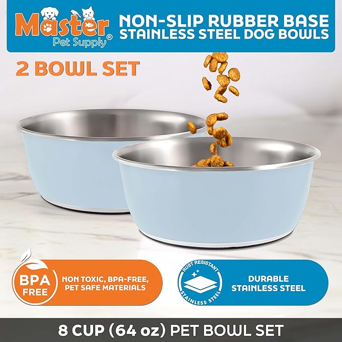 Master Pet Supply Stainless Steel Dog Bowls Set of 2 (64 Oz Each) with Non-Slip Rubber Base - Glacier Blue - Basic Dog Food Bowl Water & Food Bowls for Small Medium Large Dogs & Cats, Metal Dish