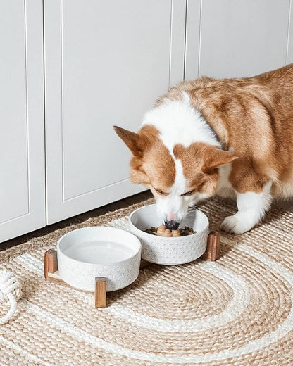 LE TAUCI Dog Bowl Set with Acacia Wood Stand - 1.5-Cup Ceramic Puppy Bowls for Small Dogs, Dual Food and Water Bowls with Weighted Non-Slip Base