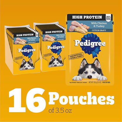 Pedigree High Protein Dog Food, Adult Wet Dog Food Pouches, Chicken & Turkey, 3.5 oz. Pouches, 16 Count