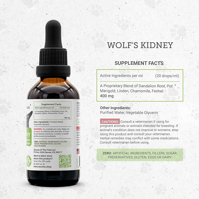 Wolf's Kidney | Natural Herbal Dietary Supplement | Healthy Kidney Function Support in Dogs | Alcohol-Free Extract, Dandelion Root, Calendula, Linden, Chamomile, Fennel 2 oz