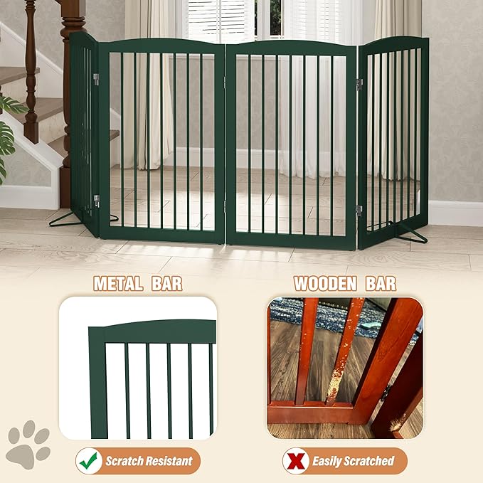 PUPETPO Freestanding Pet Gate for Dogs, Indoor Wooden Dog Gate for House, Foldable Dog Gate for Doorway, Stair, Step Over Pet Puppy Safety Fence Tall, 80 Inch Wide, 4 Panels 32", Green