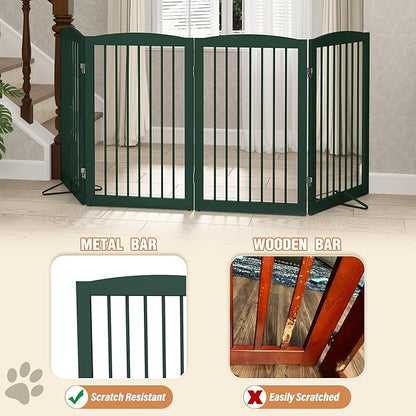 PUPETPO Freestanding Pet Gate for Dogs, Indoor Wooden Dog Gate for House, Foldable Dog Gate for Doorway, Stair, Step Over Pet Puppy Safety Fence Tall, 80 Inch Wide, 4 Panels 32", Green