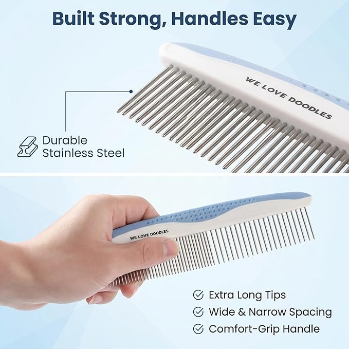 Metal Dog Grooming Comb | Removes Tangles & Matts | Dematting Pet Combs | Detangler for Matted Hair | Best Comb for Poodles, Goldendoodles, Doodles & Long Haired Dogs (Large) [We Love Doodles]