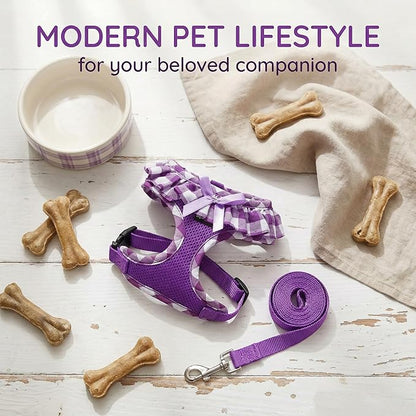 SuperBuddy Upgraded Soft Mesh Dog Harness, Super Breathable Lightweight Pet Harnesses for Puppy Dogs Outdoor Walking, Purple Dog Harness and Dog Leash Set Packing -Small