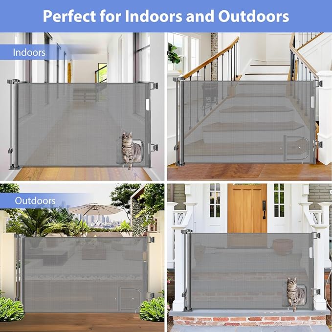 Retractable Baby Gates with Cat Door 80" Wide Retractable Dog Gate with Pet Door Outdoor Retractable Gate for Dogs Retractable Pet Gate with Door Mesh Baby Gate Retractable Mesh Dog Gate (Gray)