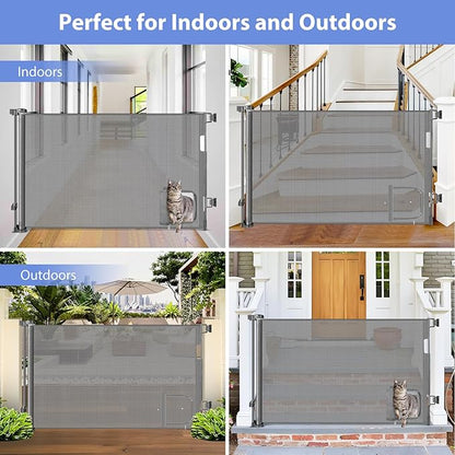 Retractable Baby Gates with Cat Door 80" Wide Retractable Dog Gate with Pet Door Outdoor Retractable Gate for Dogs Retractable Pet Gate with Door Mesh Baby Gate Retractable Mesh Dog Gate (Gray)