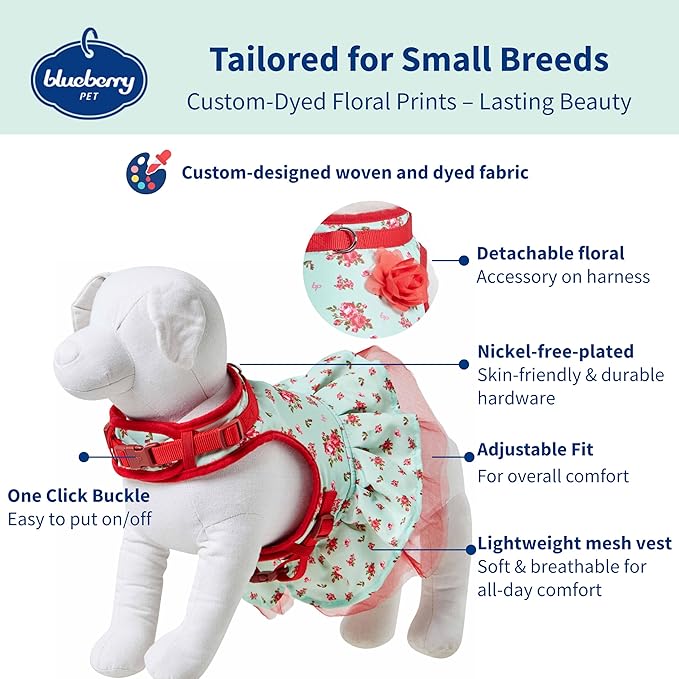 Blueberry Pet Soft & Comfy Spring Scent Inspired Floral No Pull Mesh Puppy Dog Costume Harness Dress, Turquoise, Chest Girth 14"-16", X-Small, Adjustable Harnesses for Dogs