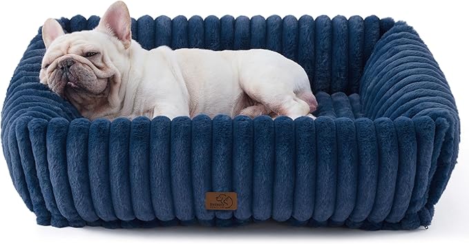 Bedsure ComfyFleece™ Cute Dog Beds Large Sized Dog - Washable Furry Pet Beds, Rectangle Orthopedic Corduroy Fleece Puppy Beds with Removable Zipper Cover, 30x24x8 inches,Night Blue