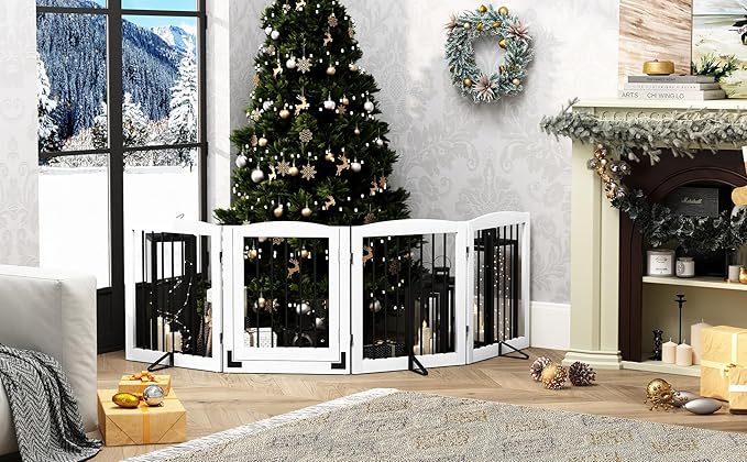 PUPETPO Freestanding Dog Gates with Door Walk Through, 80 inch Wide Gates Indoor, Dog Fences Indoor, Support Feet Included, 4 Panels, 32" Tall, White & Black