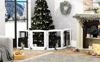PUPETPO Freestanding Dog Gates with Door Walk Through, 80 inch Wide Gates Indoor, Dog Fences Indoor, Support Feet Included, 4 Panels, 32" Tall, White & Black