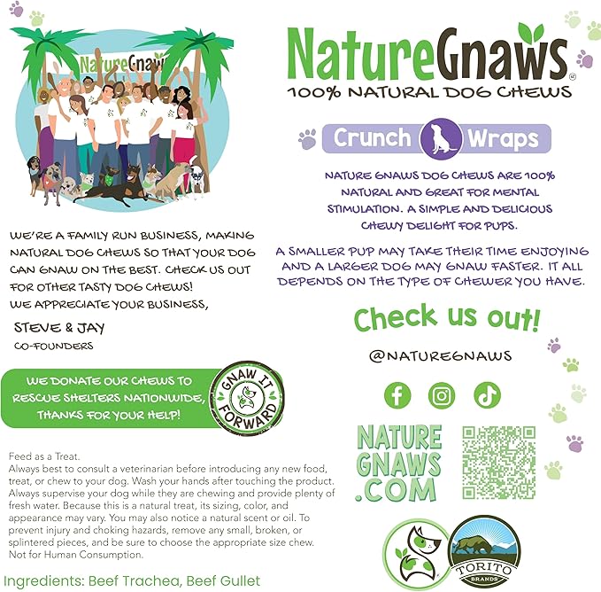 Nature Gnaws Beef Trachea Crunch Wraps for Dogs, 3 Count, Pack of 4 | Long Lasting | Natural Beef Jerky | Rawhide Free | Dog Chew Bones