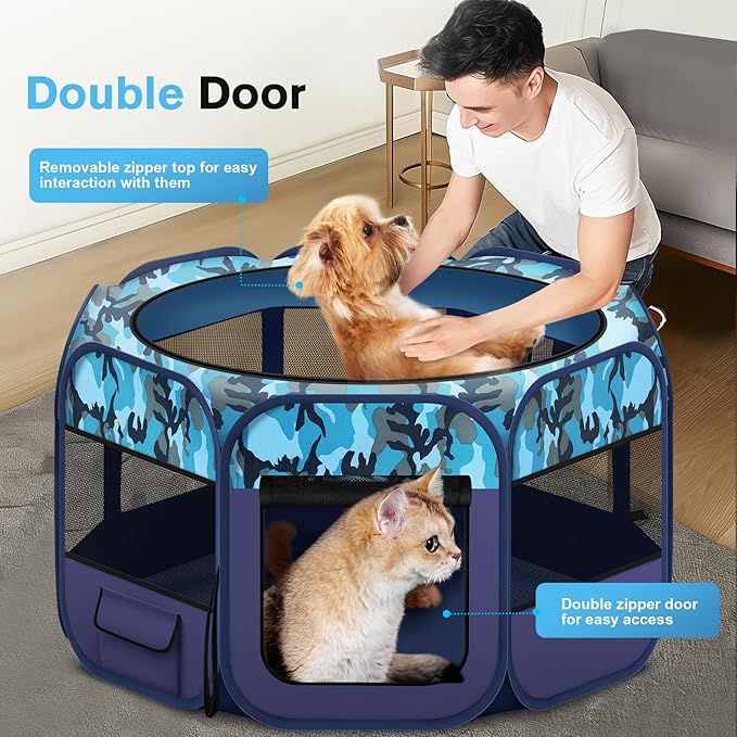 48" Large Pop Up Dog Playpen & Whelping Box for Dogs, Portable Foldable Puppy Playpen with Waterproof Bottom, Pet Tent Exercise Pen for Camping/Indoor, Includes Bowl & Carry Bag