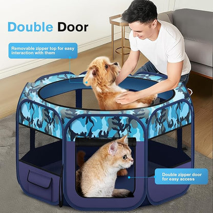 48" Large Pop Up Dog Playpen & Whelping Box for Dogs, Portable Foldable Puppy Playpen with Waterproof Bottom, Pet Tent Exercise Pen for Camping/Indoor, Includes Bowl & Carry Bag