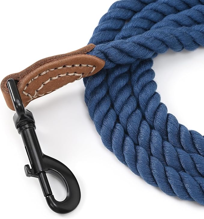 Mile High Life Dog Leash, Braided Cotton Rope Leashes with Leather Tailor Tip with Leather Tip - Heavy Duty Metal Clasp, 6FT, 1/2" Thick - Wedding, Walking Leash for Medium Large Dogs(Navy)