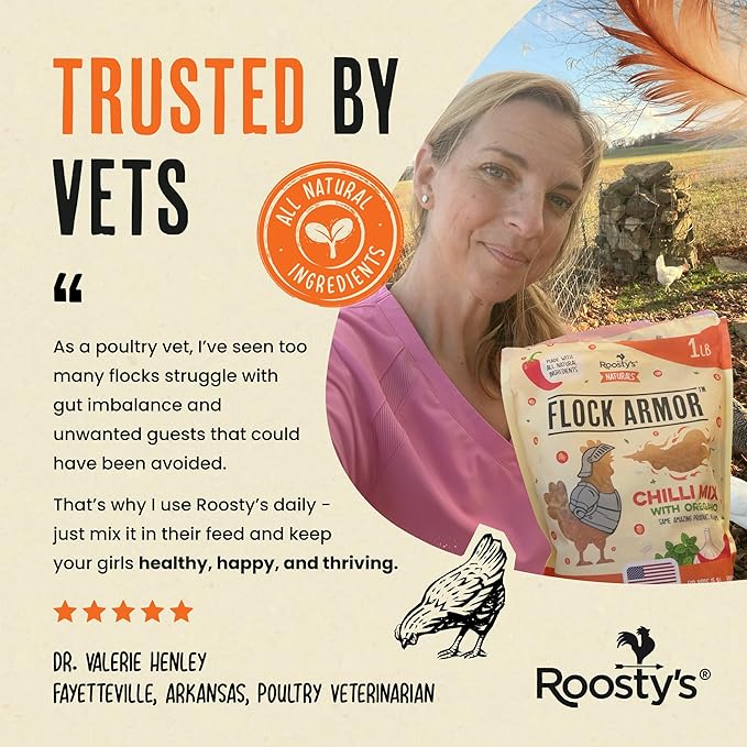 Roosty's Naturals Flock Armor - Chicken De-Wormer Powder - Chili Mix | XL 1LB Pouch | All-Natural Formula | US-Made Chicken Wormer - 16oz Bag