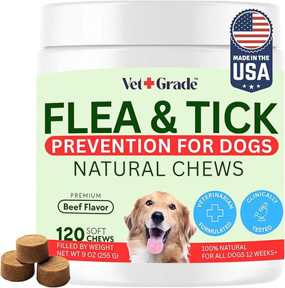 Chewable Flea and Tick Prevention for Dogs - 120 Chews (Beef) - Vet-Recommended Natural Supplement - Made in USA - Oral Dog Flea and Tick Treatment Treats for All Breeds & Sizes - VetGrade™
