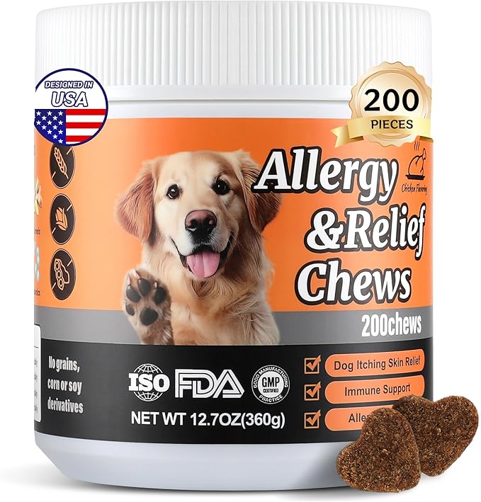 Dog Allergy Chews 200PCS – Supports Skin & Coat Health – Helps Reduce Mild Itching & Scratching – Immune & Allergy Support – with Probiotics & Borage Oil