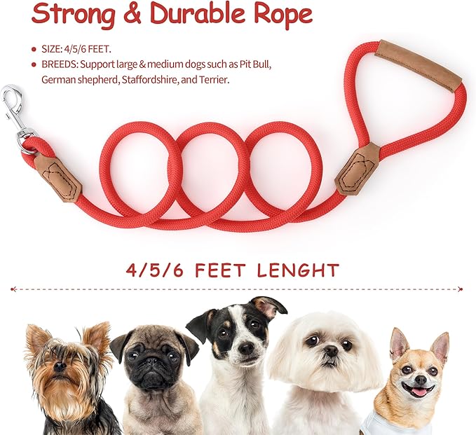 Mile High Life Leather Dog Leash, Heavy Duty Strong Genuine Leather Handle Rope Leash Soft and Comfortable for Small Medium Large Dogs (Red, 60 Inch)