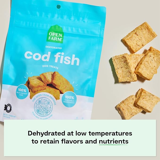 Open Farm, Dehydrated Dog Treats, High Protein & Low Carbohydrate Dog Snacks, Crunchy Texture, Single Ingredient Wild-Caught Cod Fish Recipe, 2oz Pouch