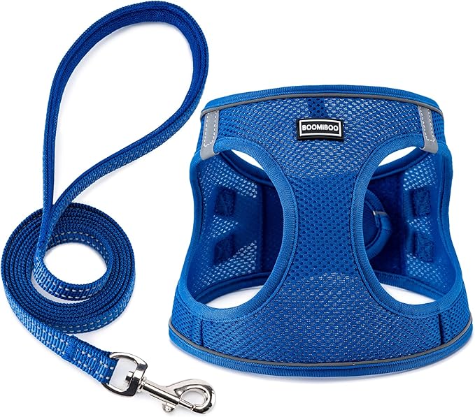 BOOMIBOO Dog Harness with Leash Set, No Pull Adjustable Reflective Step-in Puppy Pet Vest Harnesses for Small Medium Large Dogs and Cats,Blue S