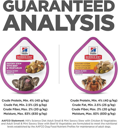 Hill's Science Diet Small & Mini, Adult 1-6, Small & Mini Breeds Premium Nutrition, Wet Dog Food, Variety Pack: Chicken & Vegetables; Salmon & Vegetables Stew, 3.5 oz Tray Variety Pack, Case of 12
