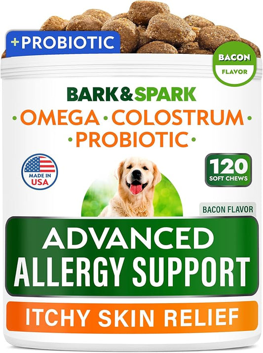 BARK&SPARK Advanced Dog Allergy Relief Soft Chews for Skin Health & Seasonal Allergies - Anti-Itch Supplement w/Omega-3, Quercetin & Bromelain Immune Treats for Dry Skin & Hot Spots - Bacon - 120ct