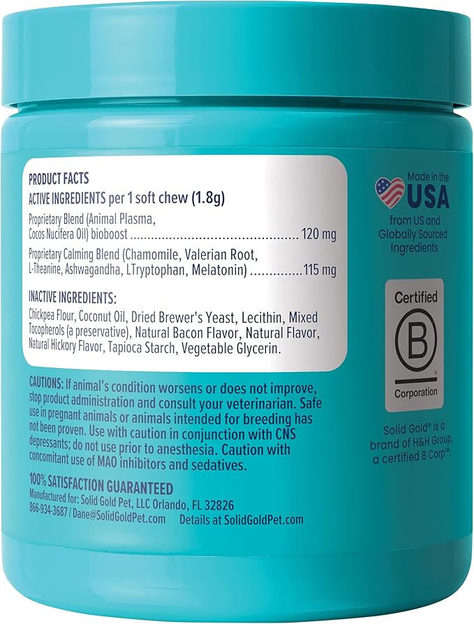 Solid Gold Calming Chews for Dogs - Dog Calming Chews w/Melatonin for Separation, Stress & Hyperactivity Relief - Supports Relaxation for Travel, Fireworks & Storms - All Ages & Sizes - Bacon 120ct