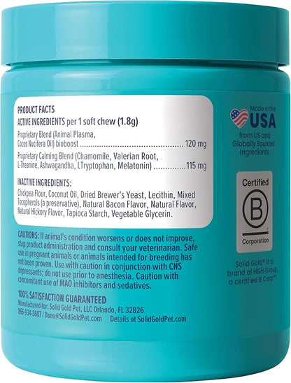 Solid Gold Calming Chews for Dogs - Dog Calming Chews w/Melatonin for Separation, Stress & Hyperactivity Relief - Supports Relaxation for Travel, Fireworks & Storms - All Ages & Sizes - Bacon 120ct