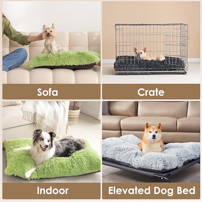 EHEYCIGA Fluffy Dog Crate Bed for Extra Large Dogs, Plush Faux Fur Crate Pad, Calming Anti Anxiety XL Dog Bed, Washable Soft Warm Mat with Non-Slip Bottom, Green