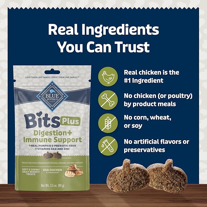 Blue Buffalo Blue Bits Plus Digestion and Immune Support Dog Treats, Chicken, 3.5-oz. Bag (Pack of 2)