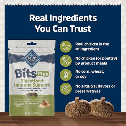 Blue Buffalo Blue Bits Plus Digestion and Immune Support Dog Treats, Chicken, 3.5-oz. Bag (Pack of 2)