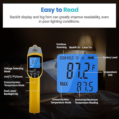 Etekcity Infrared Thermometer 1025D (Not for Human) Dual Laser Temperature Gun-58℉~1022℉ (-50℃~550℃) with Adjustable Emissivity, Non-Contact Voltage Tester (NCV), Standard Size, Yellow & Gray