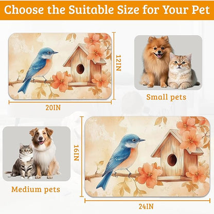 Dog Bowl Mat,Blue Bird Pet Feeding Mat for Floors Waterproof,Fall Leaves Absorbent Dogs Placemat for Food and Water Quick Dry Pet Cat Feeding Mats with Non Slip Bottom 12" x 20"
